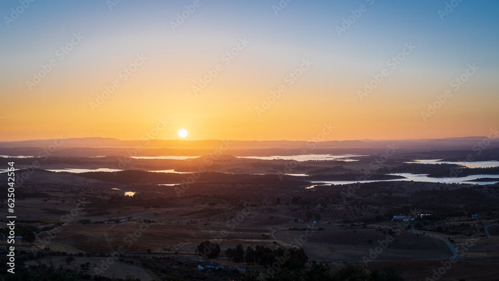 Fototapeta premium Portugal, Monsaraz, Alentejo. View from the fortress walls to Guadiana river and shores at sunrise