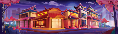 Night China town street in modern city. Vector cartoon illustration of old Chinese buildings, tea shop, traditional cuisine restaurant, red paper lanterns, urban skyscrapers, stars and moon in sky
