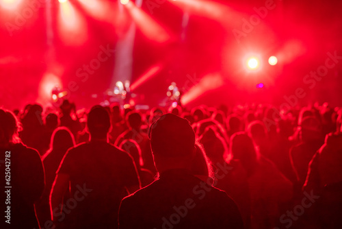 Unrecognizable crowd of people standing while artists performing on stage in concert © Anton Gvozdikov