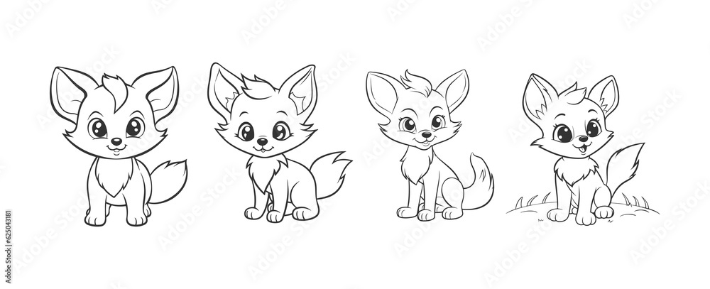 Cute fox cartoon line art coloring page for kids. Baby fox animal coloring book illustration