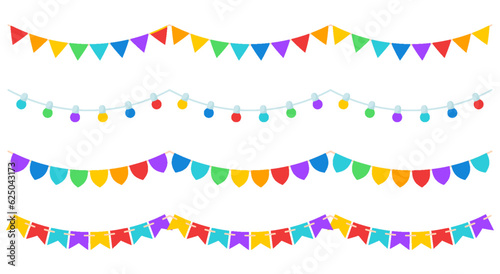 Carnival bunting garland with flags colorful flat set. Rainbow colors pennants flag lantern bulb birthday gender party celebration seamless banner fiesta border holiday header divider frame isolated