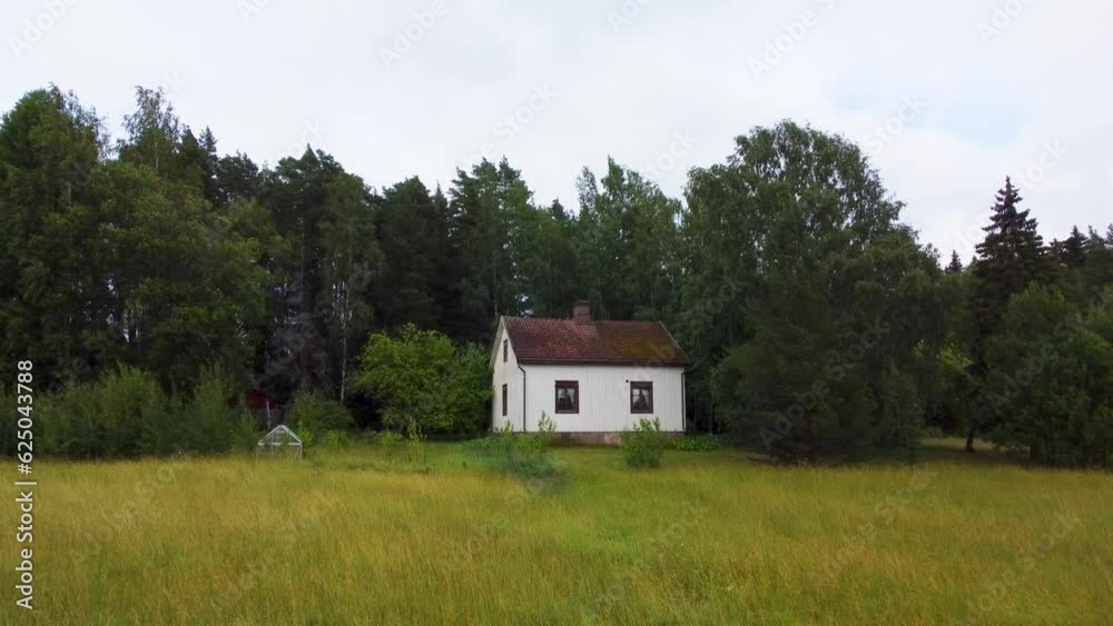 Abandoned house on the edge of the field. Establishing drone shot Abandoned house on the edge of the field. Establishing drone shot