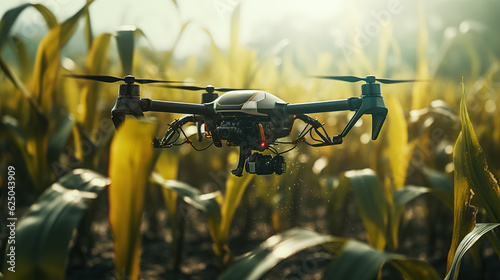 Agricultural drone flying over a field. Smart farming and agriculture