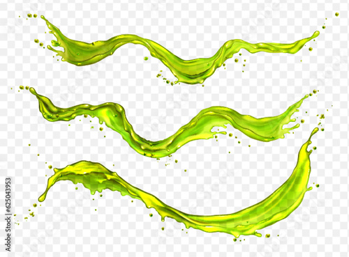 Liquid splashes of apple juice, green water or tea isolated on transparent background. Abstract flows of clear fresh drink, lime or cucumber juice, vector realistic set