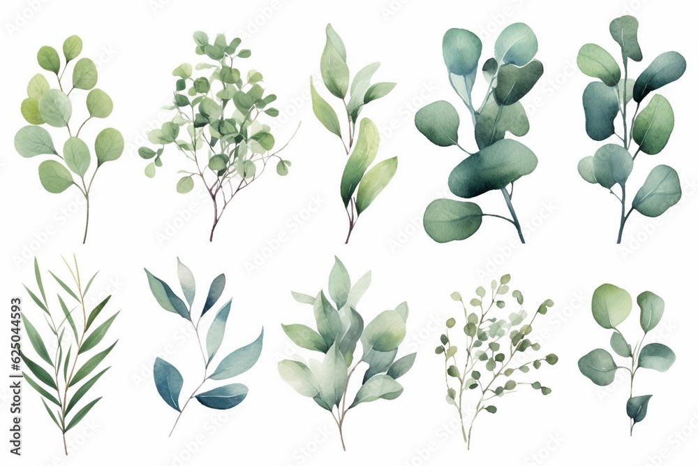 Watercolor floral illustration set - green leaf branches collection ...
