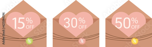 A set of craft envelopes with coupons. Discount promotions, coupon event, discount, promotions. Lovely envelopes, discounts 15 percent, 30 percent, 50 percent. voucher