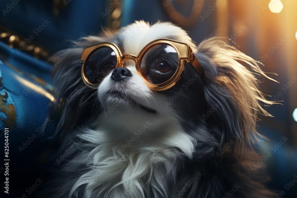 Dog in fur with golden glasses, photorealistic fantasy style, dieselpunk, zuckerpunch, pure color. Close-up. generation ai