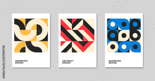 Modern geometric pattern background. Abstract circle, triangle and square art. Trendy bauhaus pattern set. Vector illustration