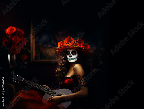 ilustración de una mujer latina sensual posando en el Día de Muertos. ai generative