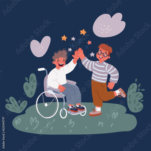 Cartoon vector illustration of kids give five. Wheelchair child