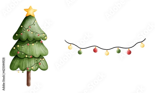 Set of watercolor christmas tree illustration with festive lights and star.Watercolor christmas ornament clipart.