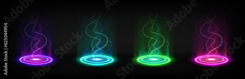 Circle light effect hologram glow magic portal. Energy mist in futuristic teleport ring. Hud technology fantasy round platform with projector and spiral steam power twirl. Aura shine orb hole stage