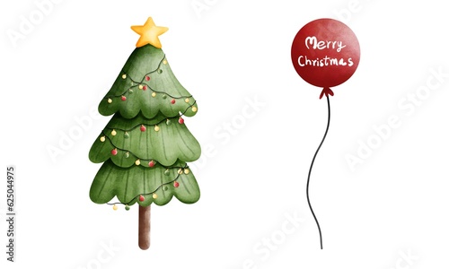 Set of watercolor christmas tree illustration with festive lights and red balloon.Watercolor christmas ornament clipart.