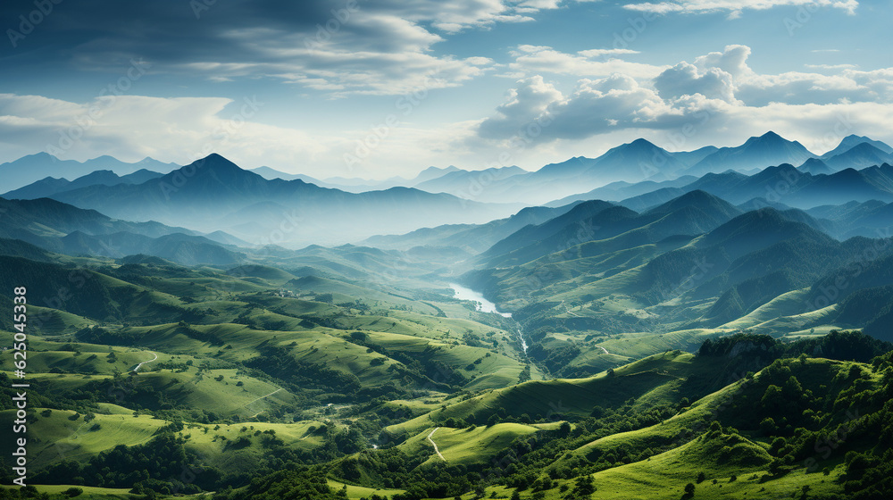 A breathtaking view of a serene mountain landscape, urging us to preserve the ozone and protect the Earth's beauty Generative AI