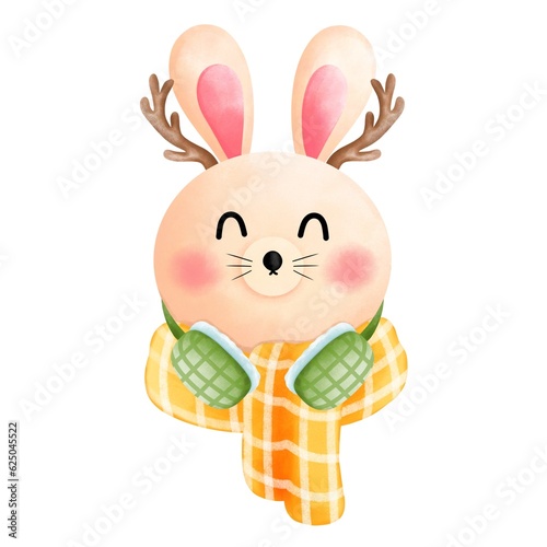 Watercolor christmas bunny head clipart with green earmuffs and yellow scarf.