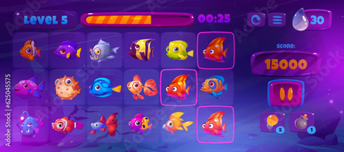 Underwater game ui interface with fish slot icon. Match 3 element with button cute cartoon vector mobile app design. Progress bar asset with clown, angler and piranha undersea object in glasses