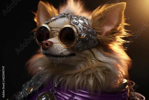 Dog in fur with golden glasses  photorealistic fantasy style  dieselpunk  zuckerpunch  pure color. Close-up. generation ai