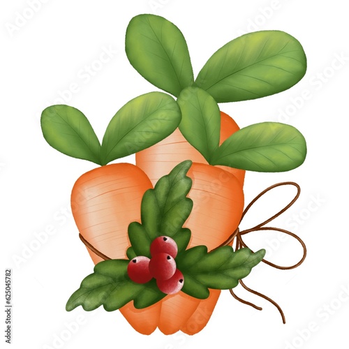 Watercolor christmas carrots with red winterberry holly and green leaves clipart for festive party cecorations. photo