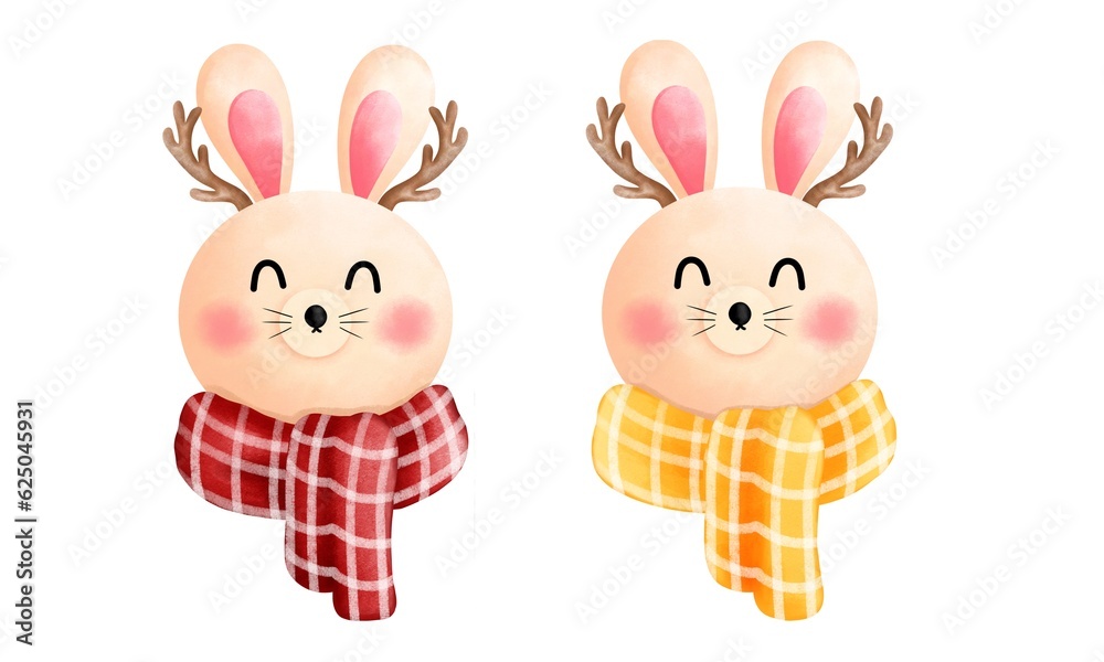 Set of watercolor cute happy bunny with antlers,red and yellow scarf illustration. Set of watercolor cute happy bunny with antlers,red and yellow scarf illustration.