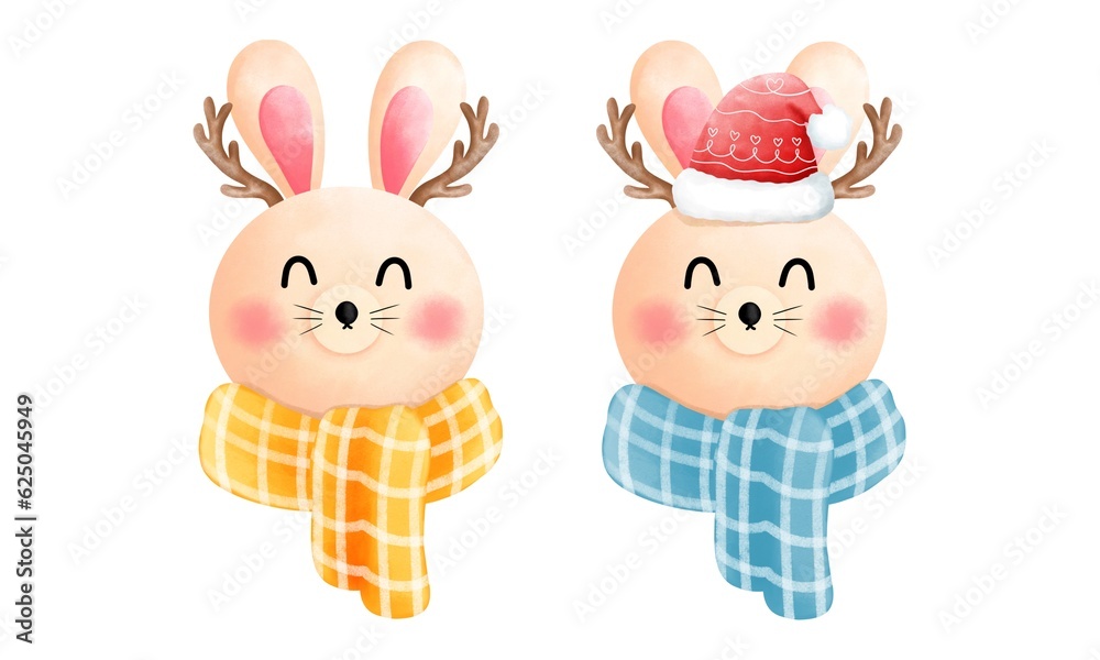 Obraz premium Set of watercolor cute happy bunny with antlers,red beanie,blue and yellow scarf illustration.