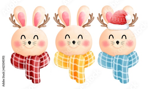 Set of three watercolor cute happy bunny with antlers,scarf and christmas hat illustration.