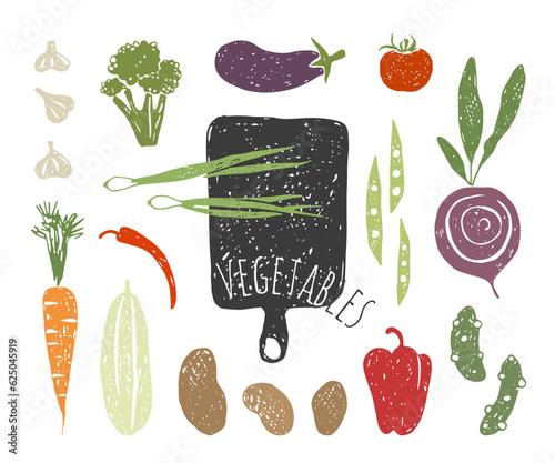 Set of doodle vegetables. Texture potatoes, beets, broccoli, onions, garlic, peas, peppers, tomato, eggplant, carrots, zucchini.