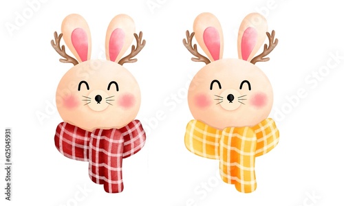Set of watercolor cute happy bunny with antlers,red and yellow scarf illustration.