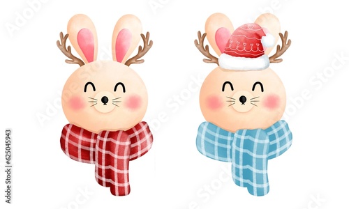 Set of watercolor cute happy bunny with antlers,red beanie,blue and red scarf illustration.
