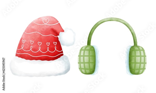 Festive watercolor red beanie hat with green earmuffs illustration for christmas clipart.
