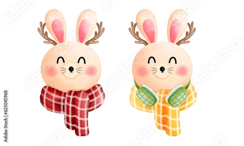 Set of watercolor cute happy bunny with antlers,green earmuffs,red and yellow scarf illustration.