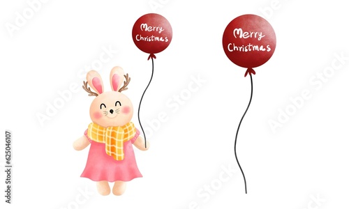 Festive christmas bunny with balloons clipart set.Cute little bunny with red balloons.