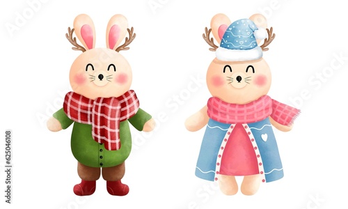 Set of christmas little bunny clipart.Cute little bunny with antlers,scarf, beanie and winter costume.