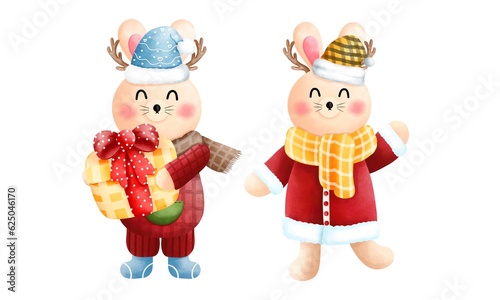 Set of christmas little bunny with gift box,antlers,scarf, beanie and santa costume.