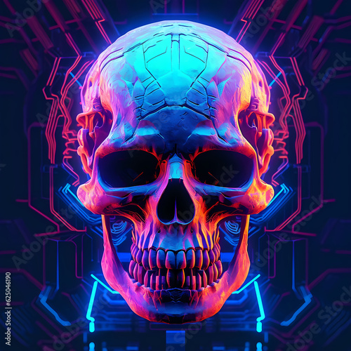 Neon skull art, t-shirt print. Happy Halloween. Celebrating the Day of the Dead. Generative AI