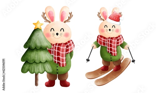 Set of adorable watercolor bunny with christmas tree,antlers skiing in a green sweater and brown pants.