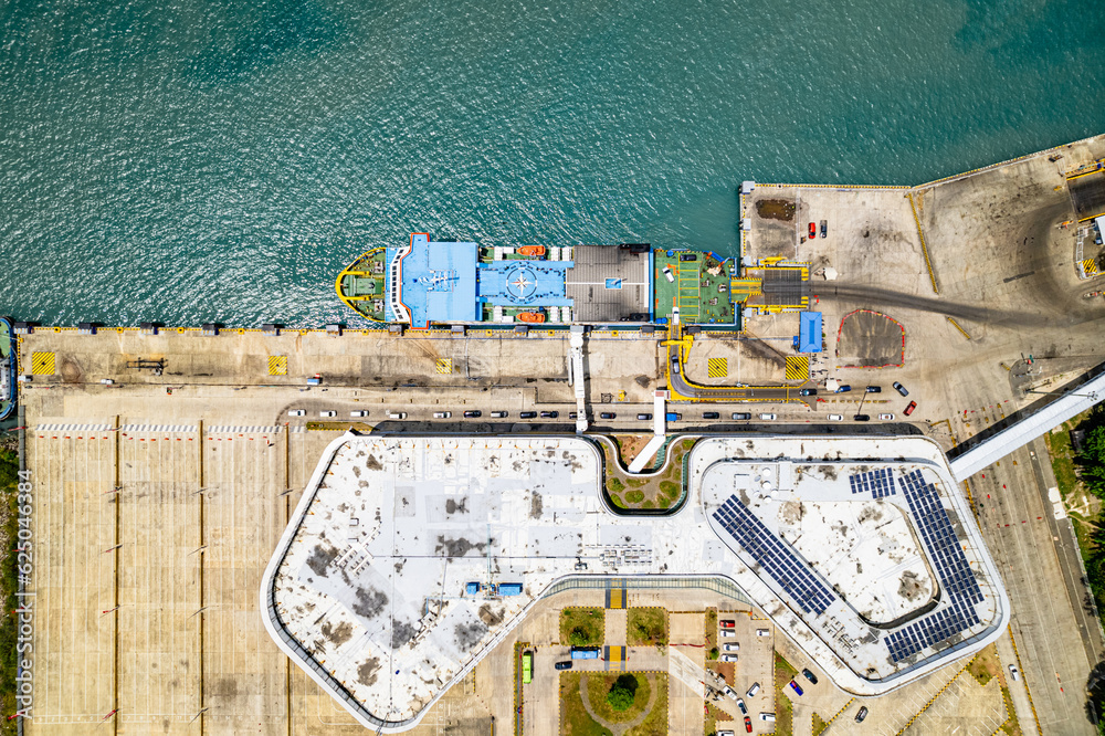 Aerial of a Docking Ship in Bakauheni Port in Bandar Lampung