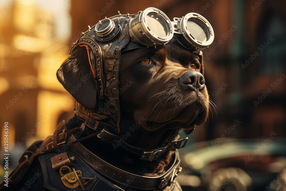 Dog in fur with golden glasses, photorealistic fantasy style, dieselpunk, zuckerpunch, pure color. Close-up. generation ai