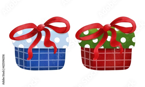 Set of watercolor red and blue christmas gift box with red ribbon bow. Festive clipart illustration.
