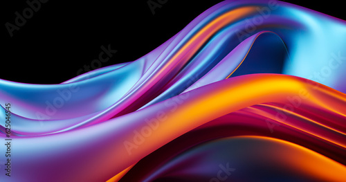 Abstract 3d neon holographic iridescent render. Design visual for background wallpaper banner poster or cover. Fluid organic wave with glass colorful gradient material.