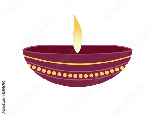 Icon burning candle with fire in a candlestick saucer burgundy color with a yellow stripe and circles on a transparent and white background. Closeup isolated element for Indian holiday Diwali. Vector.