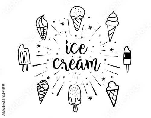 Ice cream icons. Typography, black letters isolated on white background. Vector type illustration. Logo for ice cream, labels, stickers and badges. Hand drawn ice cream text and doodle set.