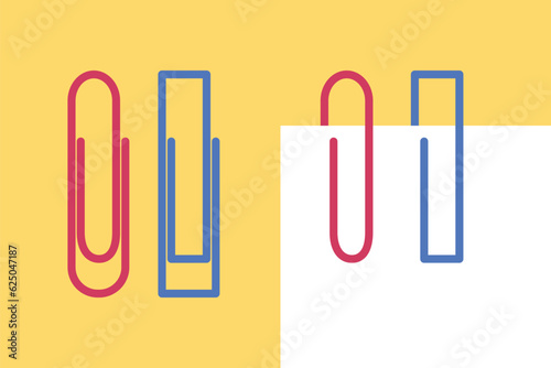Colored paperclips with blank white notepaper. White sheet for message or adding more text. Vector illustration in geometric flat style. Stationery for organizing and storing documents.
