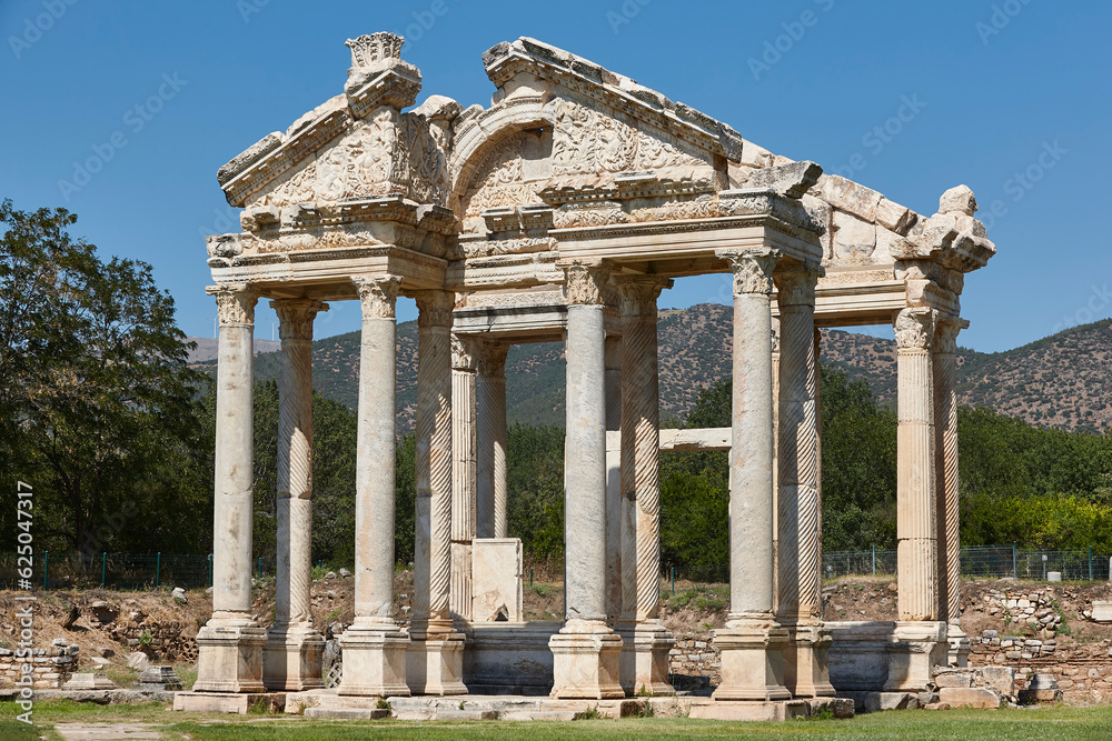 Tetrapylon ancient monument ruins in Aphrodisias. Archaeology landmark in Turkey