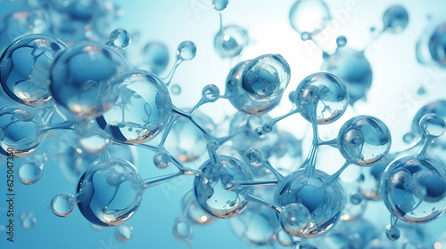 Cell, molecules of water. Blue bubbles molecule background. Biology or chemistry background