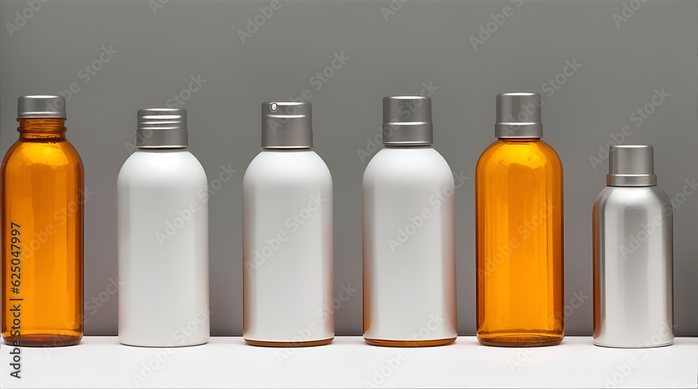 Various size of empty bottles, glass, plastic, liquid, container