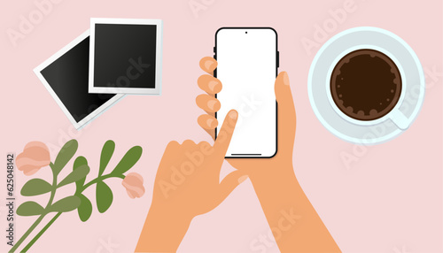 Using smart phone at home, Hand holding phone and searching on internet with a cup of tea. Top view vector illustration.