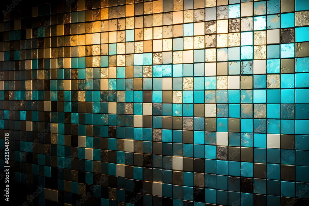 Fototapeta premium A geometric abstract background featuring a grid-like pattern of square tiles in various sizes and colors, harmonious and balanced visual composition. Generative AI