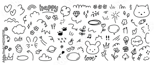 Set of cute pen line doodle element vector. Hand drawn doodle style collection of heart, speech bubble, word, cloud, strawberry, ice cream. Design for decoration, sticker, idol poster, social media