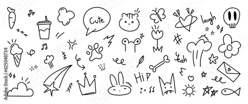 Set of cute pen line doodle element vector. Hand drawn doodle style collection of heart  speech bubble  word  cloud  arrow  star  skull. Design for decoration  sticker  idol poster  social media
