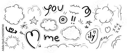 Set of cute pen line doodle element vector. Hand drawn doodle style collection of heart, star, speech bubble, word, cloud, arrow. Design for decoration, sticker, idol poster, social media